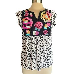Savanna Jane Animal Print Floral Embroidery Top SMALL Boho Western Casual Summer